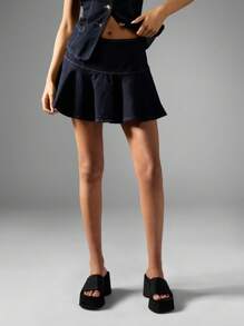 MISSGUIDED Flared Mini Denim Skater Skirt With Contrast Stitching Circle Design High Waist Fall Winter Fashion Spring Style - Blue - View 5