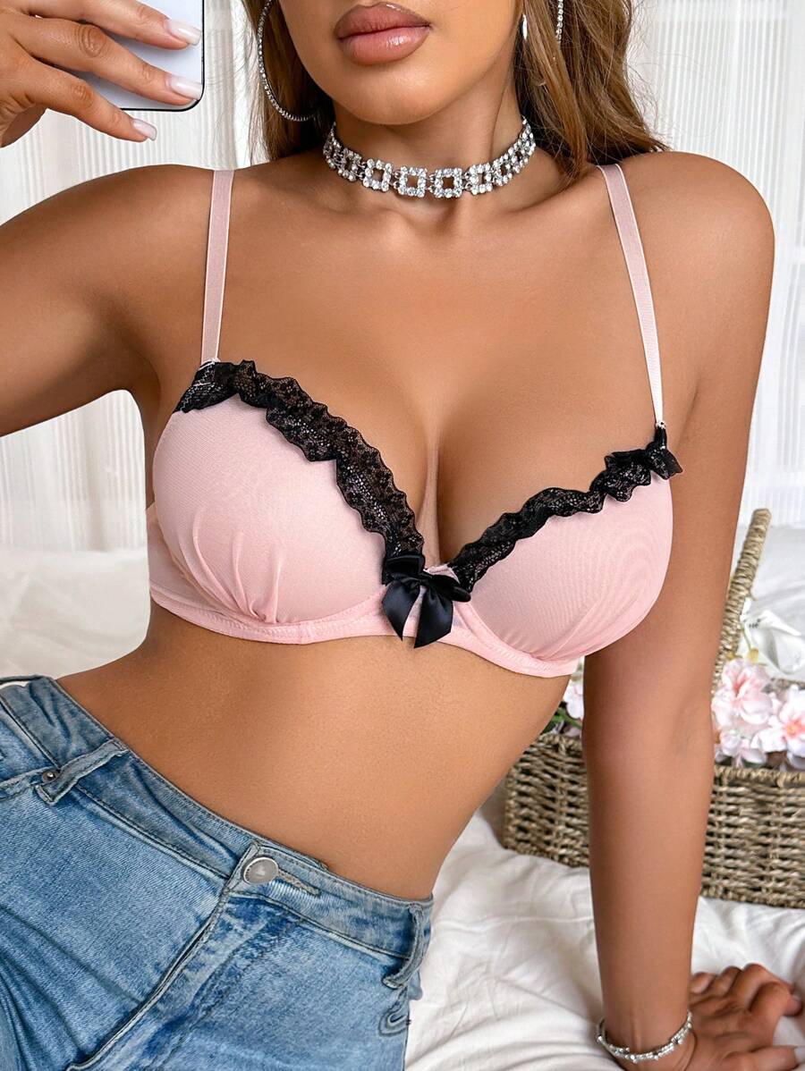 Áo ngực trang trí nơ ren tương phản cho nữ - Hồng - Xem 1