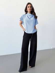 Firerie Women's Elegant Minimalist Daily/Vacation Versatile Pink Ruffled Stand Collar Loose Blouse, Suitable For Casual Wear - Blue - View 6