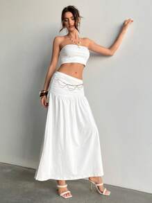 Aloruh 2pcs/Set Women Solid Cropped Bandeau Top & Mini Skirt Sets, Vacation