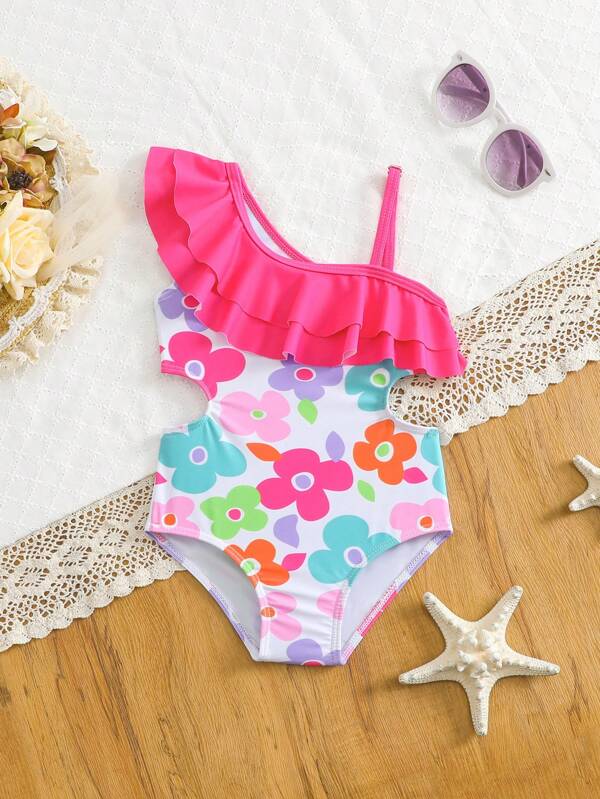 Baby Girl Floral Print Ruffled Edge One-Piece Swimsuit For Beach/Resort
