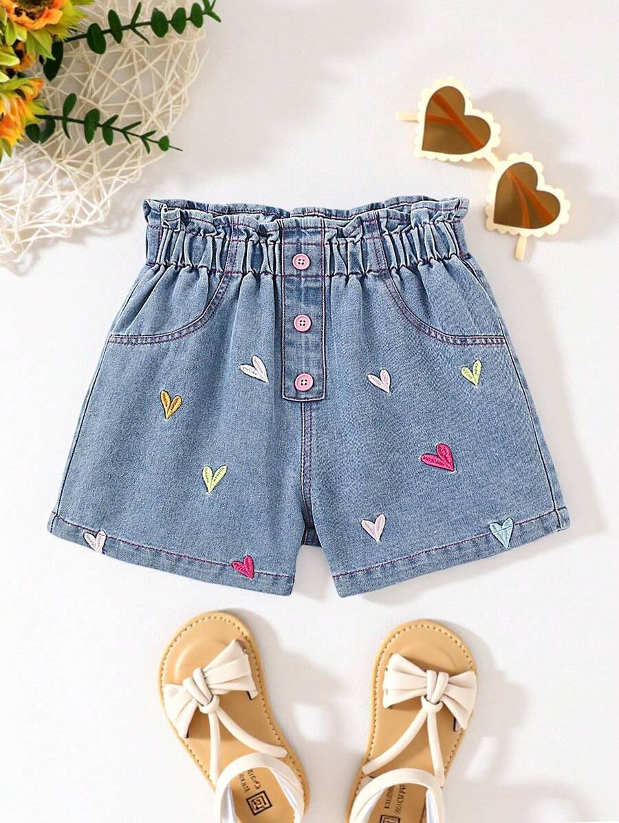 Tween Girl Light-Wash Playful Heart Embroidered Casual Loose Waist Denim Shorts, Simple Fashion Versatile Everyday Wear, School, Campus, College - Light Wash - View 1