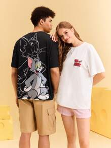 TOM & JERRY X SHEIN Women's Couple Y2K Street White Cute Jerry Cartoon Pattern Crew Neck Short Sleeve T-Shirt, Summer
