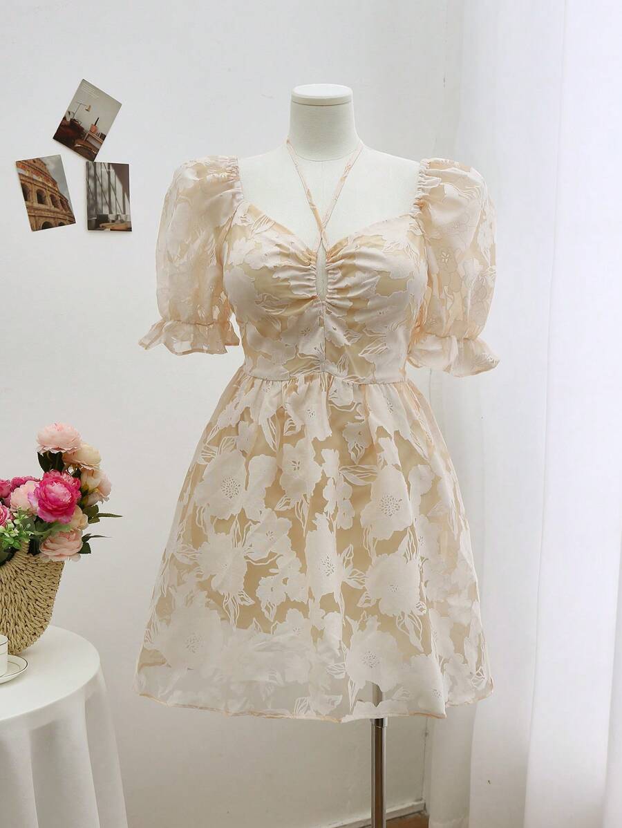 Flirla Robe courte à manches bouffantes à nouer en jacquard grande taille, style vacances pour le printemps/l'été