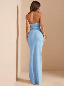 SHEIN BAE 2 件套女士夏季纯色深 V 领露背纹理吊带背心和低腰长裙套装，度假白色服装 - 淺藍色 - 查看 2