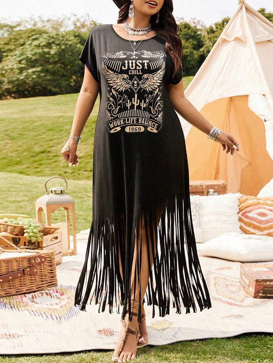 SHEIN LUNE 大码女式西式节日休闲度假音乐节花卉印花流苏下摆长袖连衣裙，春夏 - 黑色 - 查看 1