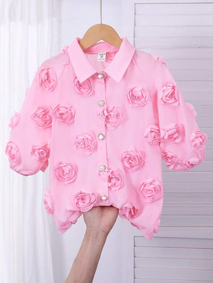 Blusa de unicolor con cuello de flor de rosa 3D y mangas dolman para niñas - Rosa - Ver 1