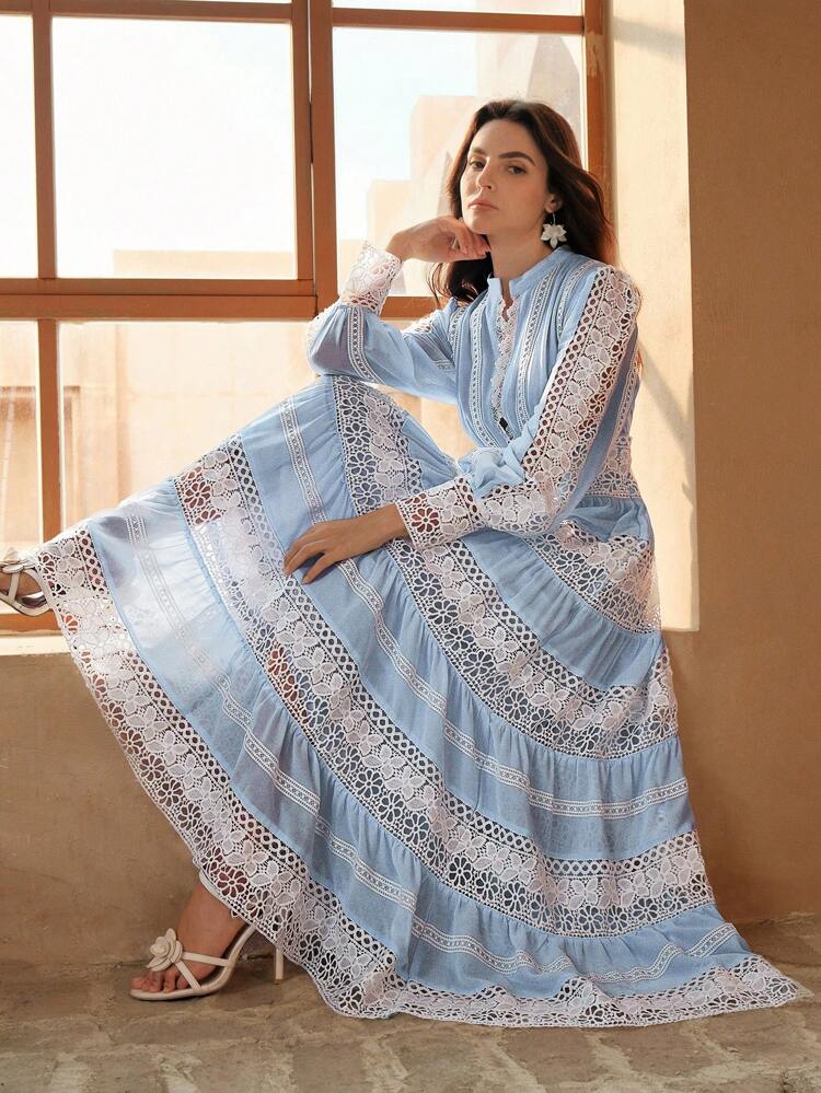 Women's Elegant Lace Patchwork Maxi Dress, French Vintage Style, Suitable For Spring, Festival, Holiday