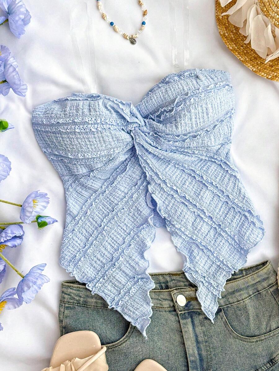 SHEIN 少女情人节度假风芥末蓝纹理抹胸，正面扭纹，荷叶边修身衬衫。适合下午茶、街头、度假、叠穿或派对穿着，秋冬季