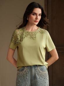 Anewsta Summer New Asymmetrical Lace Patchwork Fashion Women T-Shirt Top - Olive Green - View 4