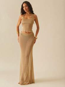 Hauture 女式夏季度假性感金属针织透视长裙 - 金色 - 查看 1