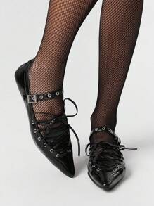 ROMWE Women's Dark Punk Goth Mary Jane Shoes, Closed Toe, Pointed Toe, Sexy Crisscross Strap, Formal Work Flat Shoes, Halloween - Black - View 1