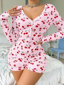 Women's Cherry Print Half Placket Romper Jumpsuit - Pink - View 4