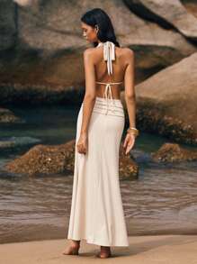 Poéselle Vestido con cuello drapeado, espalda descubierta y tirantes anudados, estilo bohemio para la playa, para mujeres - Albaricoque - Ver 7