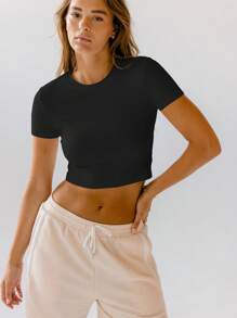 Aralina Top cropped de algodón blanco cepillado, un esencial diario clásico - Negro - Ver 9