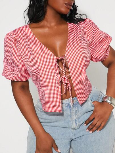 SHEIN SXY 大码女式春夏性感基本款休闲红/白泡泡袖蝴蝶结舞台短款上衣，适合日常穿着、西部风、音乐节、音乐会、狂欢派对、郊游、海滩度假、层次丰富、节日、约会之夜、生日、单身派对服装、鸡尾酒会、正式活动、辣妹、休闲、狂欢、端庄、别致、俱乐部