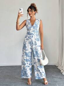 SHEIN Unity Plus Size Women Deep V Neck Sleeveless Printed Slim Fit Romper For Casual/Vacation - Blue and White - View 1