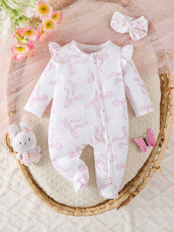 Long Sleeve Footie Jumpsuit With Headband For Newborns, White Base With Pink Bow Cute Style, Soft & Comfy Fabric