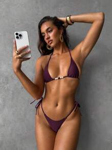 Aloruh Women Tropical Rainforest Black & White Zebra Print Sexy Elegant Vintage Mini Triangle Halter Top And Tie-Side Cheeky Bottom Bikini Set Set, For Spring/Summer Vacation