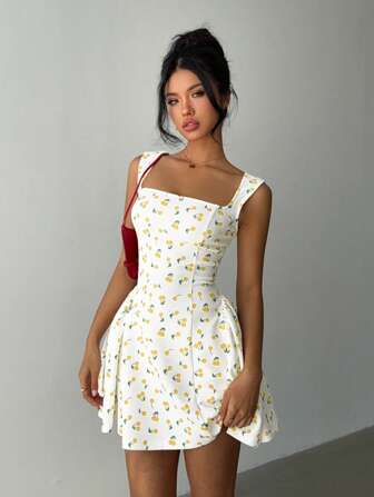 Aloruh Women's Cherry Print Square Neck Mini Dress, Fashion Summer Business Casual Woman,Bodycon Dress