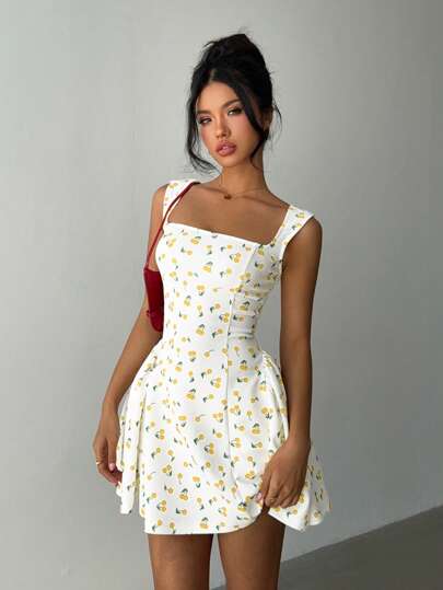 Aloruh 체리 프린트 스퀘어 넥 미니 드레스, 패션 여름용 여성