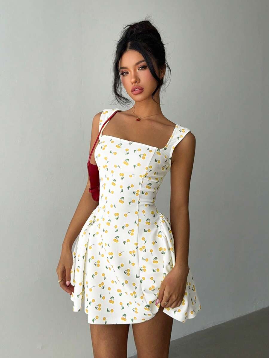 Aloruh 女式樱桃印花方领迷你连衣裙，时尚夏季 - 黃色 - 查看 1