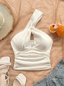 Soleia 性感单肩镂空露背白色女式衬衫，适合度假、音乐节、波西米亚风、节日约会、下午茶、钩针编织、亚麻 - 白色 - 查看 3