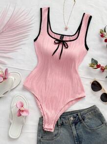 Soleia New Tie Ribbon Bow Knit Bodysuit, Elegant Color Block Vacation Casual Versatile - Baby Pink - View 6