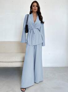 Firerie 女士优雅休闲度假通勤办公室宽松翻领系腰紧身牛仔裤和高腰宽松阔腿裤，适合秋夏季 - 淺色水洗藍 - 查看 5