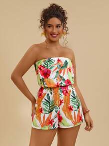 SHEIN VCAY Mono con estampado floral y cuello de halter talla grande, casual y elegante para usar todos los días, atuendos para el Día de San Valentín y vacaciones, ropa de mujer para vacaciones tropicales, regalos de Día de San Valentín para mujeres - Blanco - Ver 4