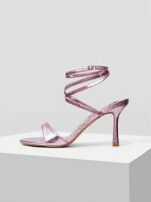 MOTF PREMIUM PU LEATHER STRAPPY ROUND TOE HIGH HEEL SANDALS - Purple - View 2
