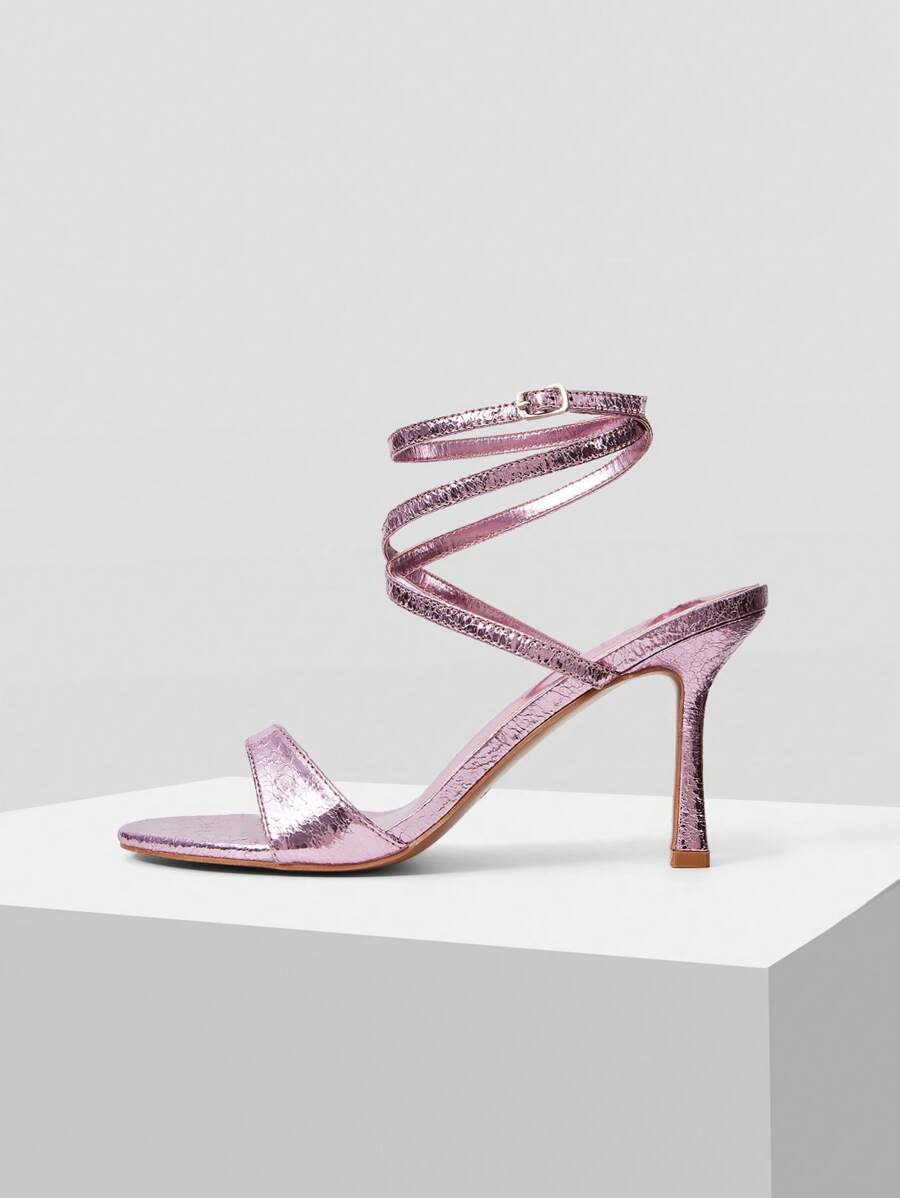 MOTF PREMIUM PU LEATHER STRAPPY ROUND TOE HIGH HEEL SANDALS - Purple - View 2