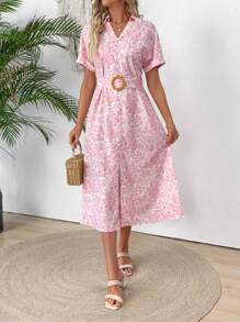 SHEIN LUNE Women's Casual Floral All-Over Print Mid-Length Dress,White And Pink Summer Boho Vacation Holiday Wedding Guest Graduation Dress Concert Outfits - Pink - View 3