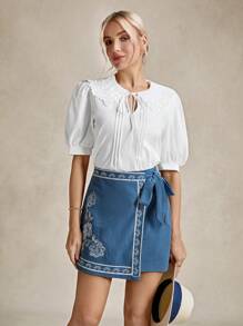 Wildy 女士白色娃娃衫，西部风格可爱上衣，适合办公室穿着，系带短袖衬衫，夏季款 - 白色 - 查看 3