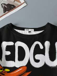 Cow and Chicken X SHEIN Camiseta de manga corta informal con estampado de dibujos animados y letras para tallas grandes - Blanco - Ver 4