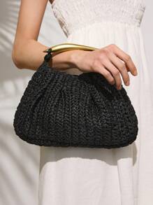 SHECARRY 女士纯色编织手提包，简约时尚休闲日常手提包 - 黑色 - 查看 5