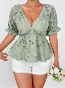 Flirla French V-Neck Embroidered Casual Women Blouse Top - Green - View 1