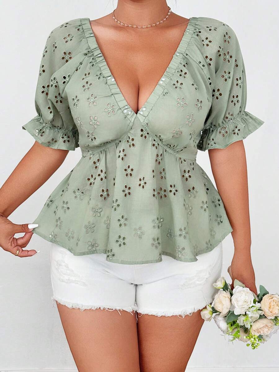 Flirla French V-Neck Embroidered Casual Women Blouse Top - Green - View 1