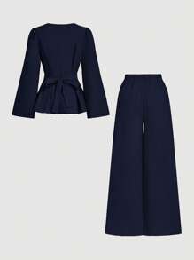 Firerie 2 件套女式系带长袖衬衫上衣和美人鱼下摆裙套装，开衩长袖衬衫 + 美人鱼长裙套装，优雅/通勤/休闲/商务/度假/职业装 - 藏蓝色 - 查看 9