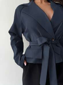 Firerie 秋冬新款卡其色立体口袋腰带女士薄款风衣外套 - 藏蓝色 - 查看 6