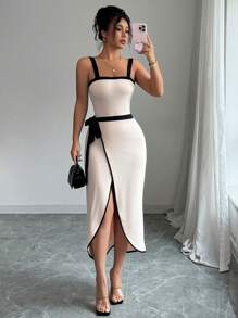 Gloray 2 Stücke Kontrast-Farbenes Camisole Jumpsuit und asymmetrischer Wickelrock Set für Frauen