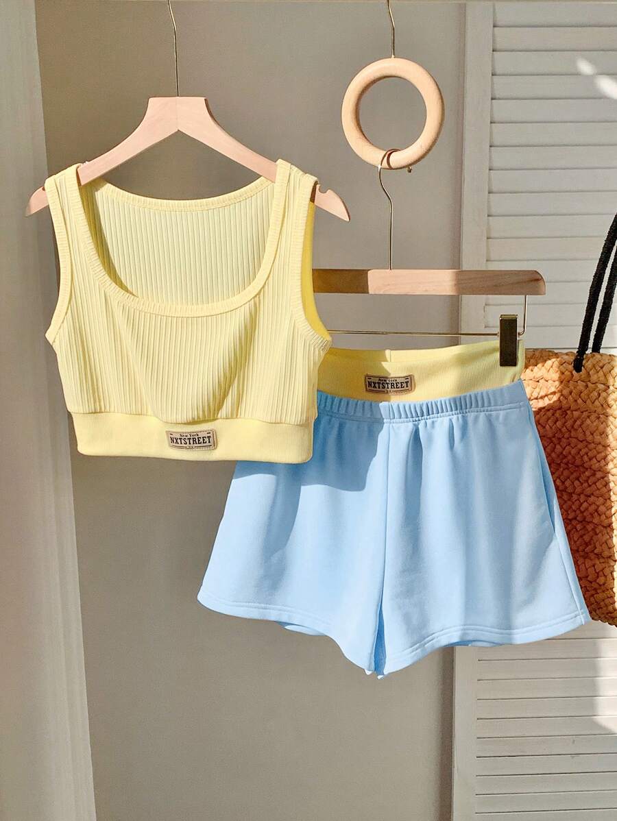 Comfortcana Bộ 2 món/Bộ áo ba lỗ in chữ và quần short thường ngày mùa hè cho nữ - Nhiều màu - Xem 1