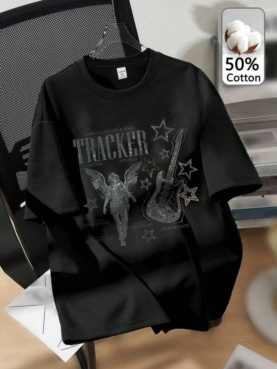 SHEIN EZwear Áo thun in hình ngôi sao, thiên thần, lễ hội âm nhạc rộng rãi, thoải mái, giản dị, guitar cổ điển, vải cotton pha trộn, thích hợp cho mùa hè - màu đen - Xem 1