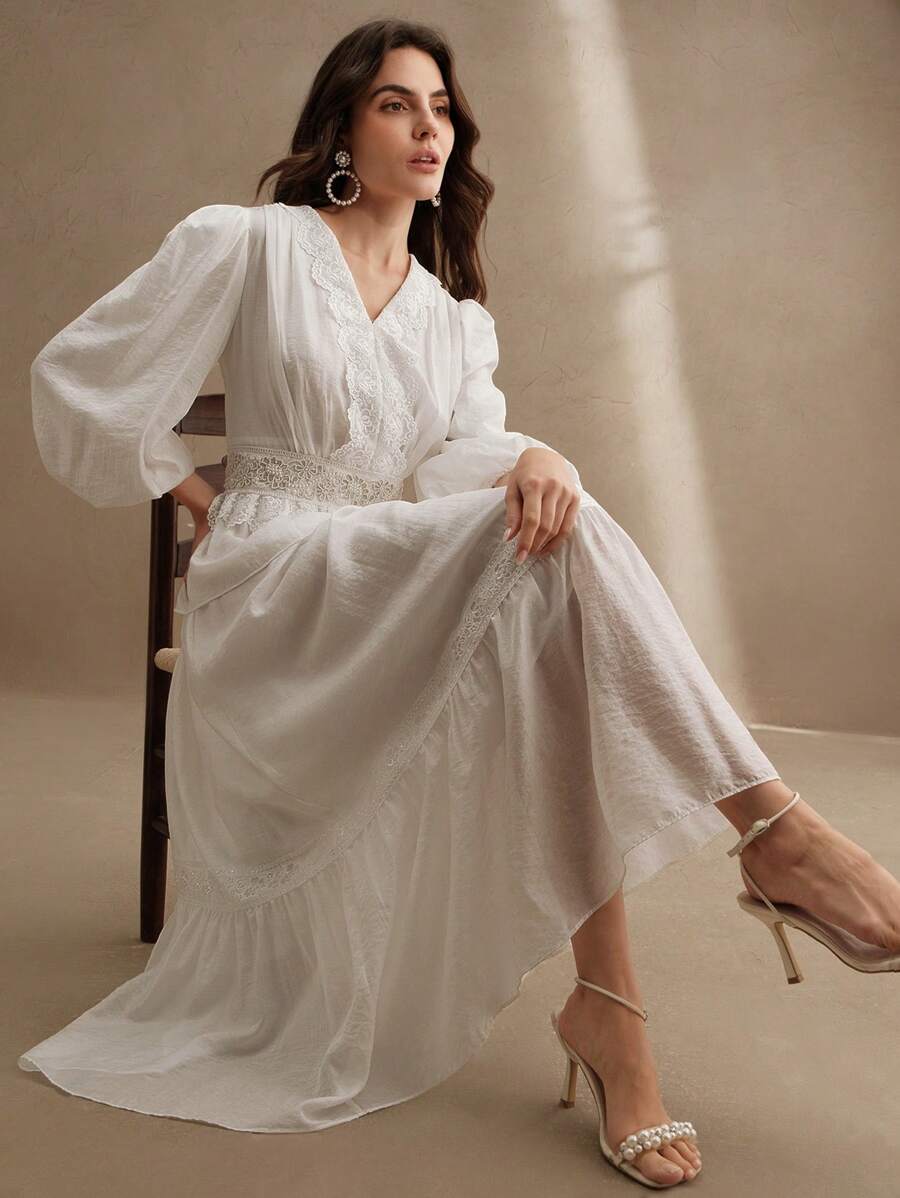 Anewsta 现代都市V领和圆领长袖收腰A字连衣裙 - 白色 - 查看 1