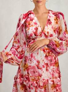 MaterniChic Vestido de mujer embarazada de cuello en V profundo con manga farol y volante en el bajo, con cintura ceñida, perfecto para vacaciones