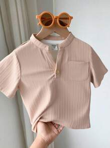 SHEIN 1 buc. Cămașă lejer tricotată cu mâneci scurte, în stil coreean, cu jumătate de plăcuță și guler vertical, pentru școala de vară zilnic