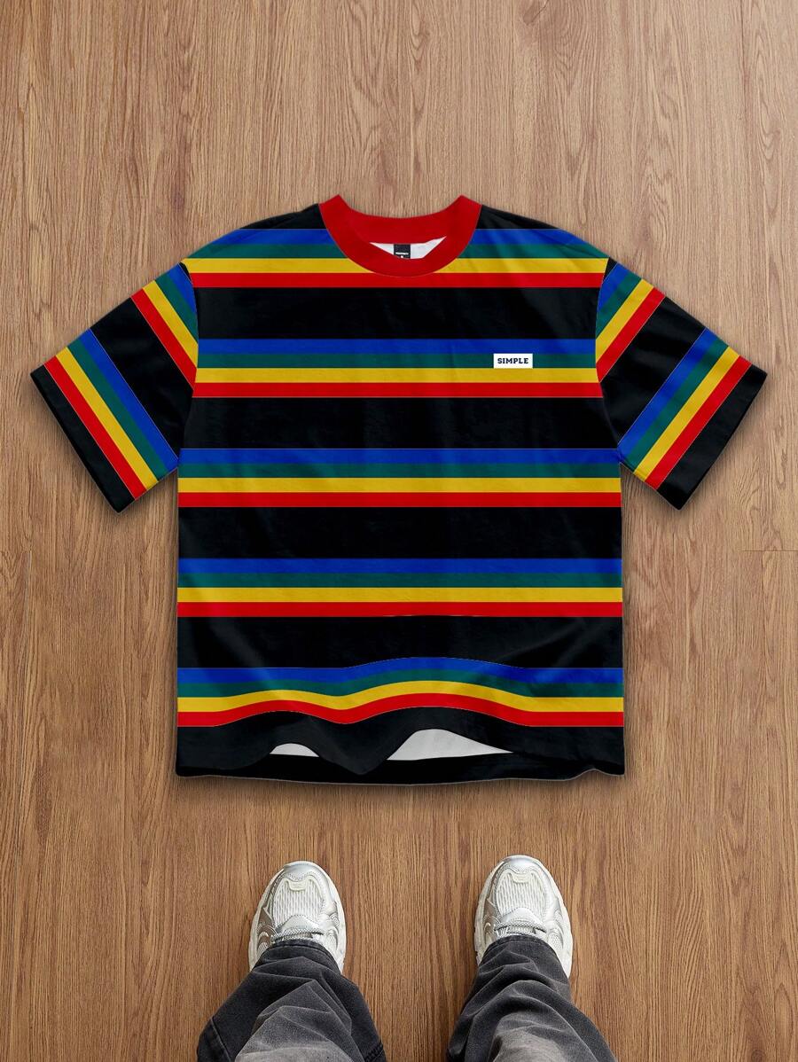 Manfinity Joysei Camiseta de manga corta con cuello redondo y diseño de rayas para hombre, versátil para el verano - Multicolor - Ver 1