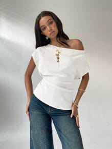 Aloruh 女式休闲纯色不对称衬衫，夏季 - 白色 - 查看 4