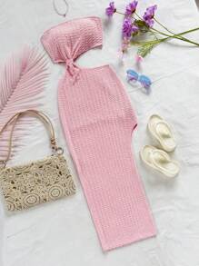 Soleia Vestido texturizado de jacquard con abertura lateral anudada, color rosa, de punto acanalado, para vacaciones - Rosa - Ver 6