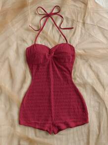 Soleia Mono ajustado con escote de halter anudado y estampado de jacquard rojo para vacaciones